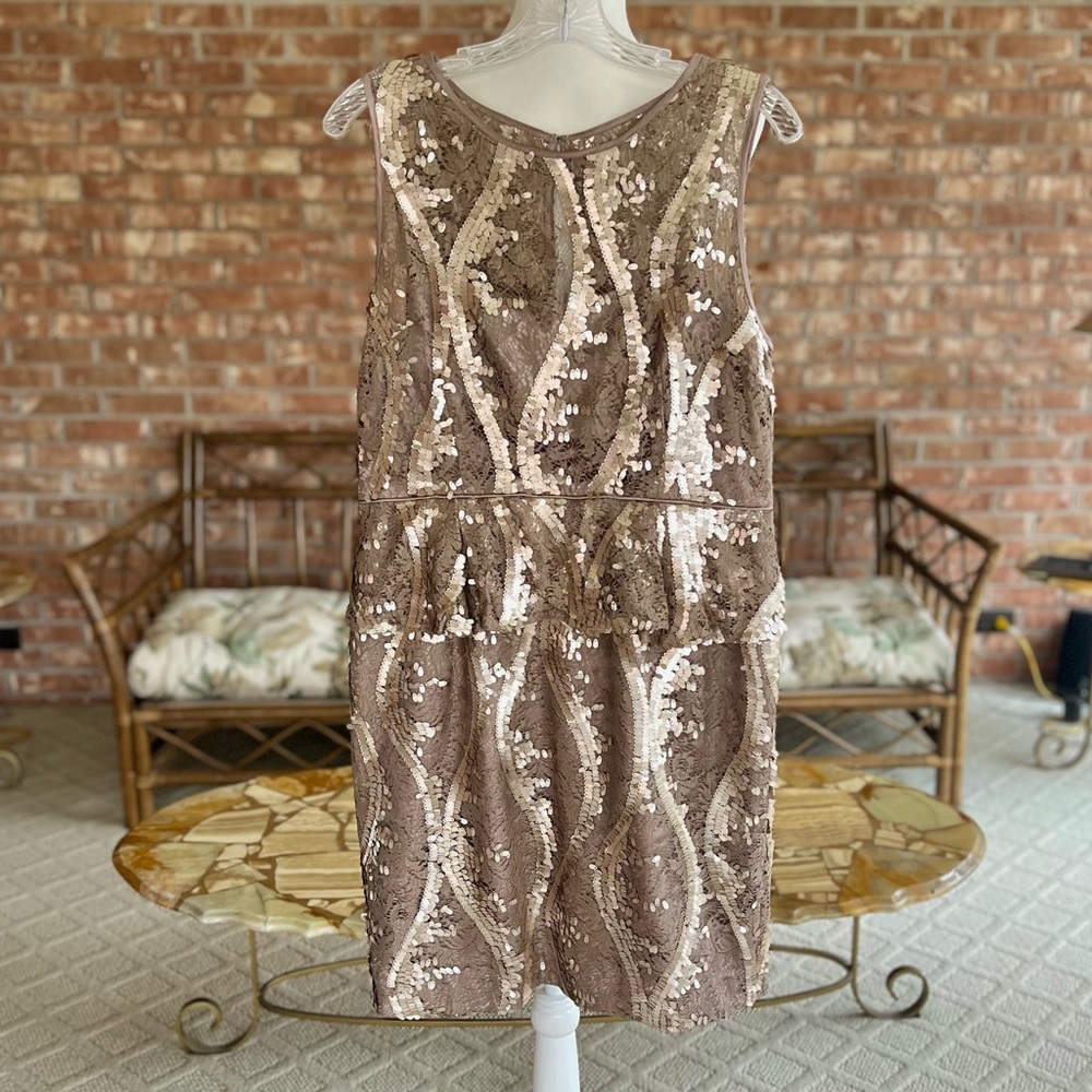 Adrianna Papell Taupe Champagne Lace Sequin Peplum Dress 14 Cocktail Glam - Picture 3 of 14